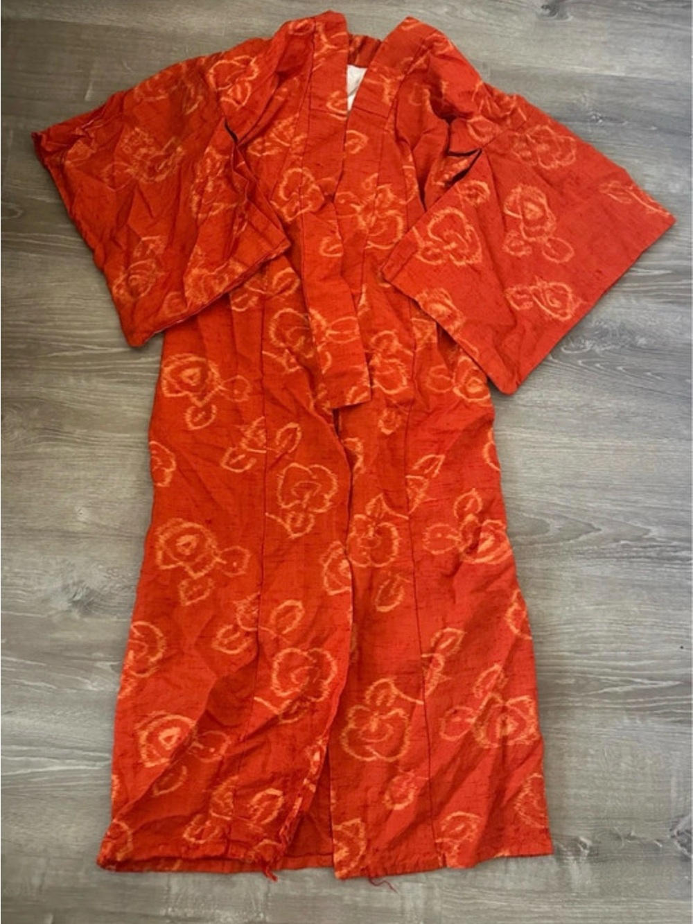 Vintage Orange Floral Woven Kimono Robe Maxi Duster